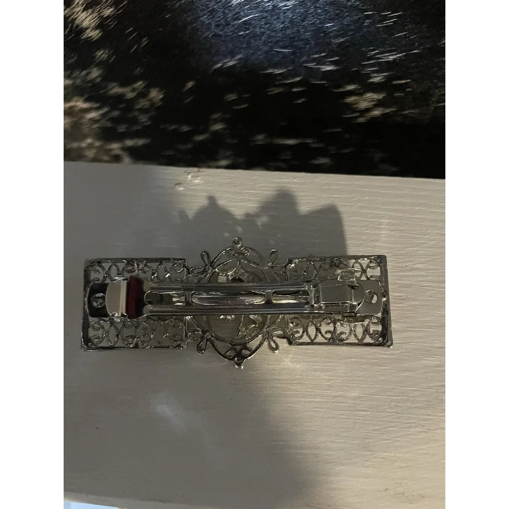 Vintage Hair Barrette Clip Filagree Silvertone w/Rhinestones & Enameled Flowers‎
